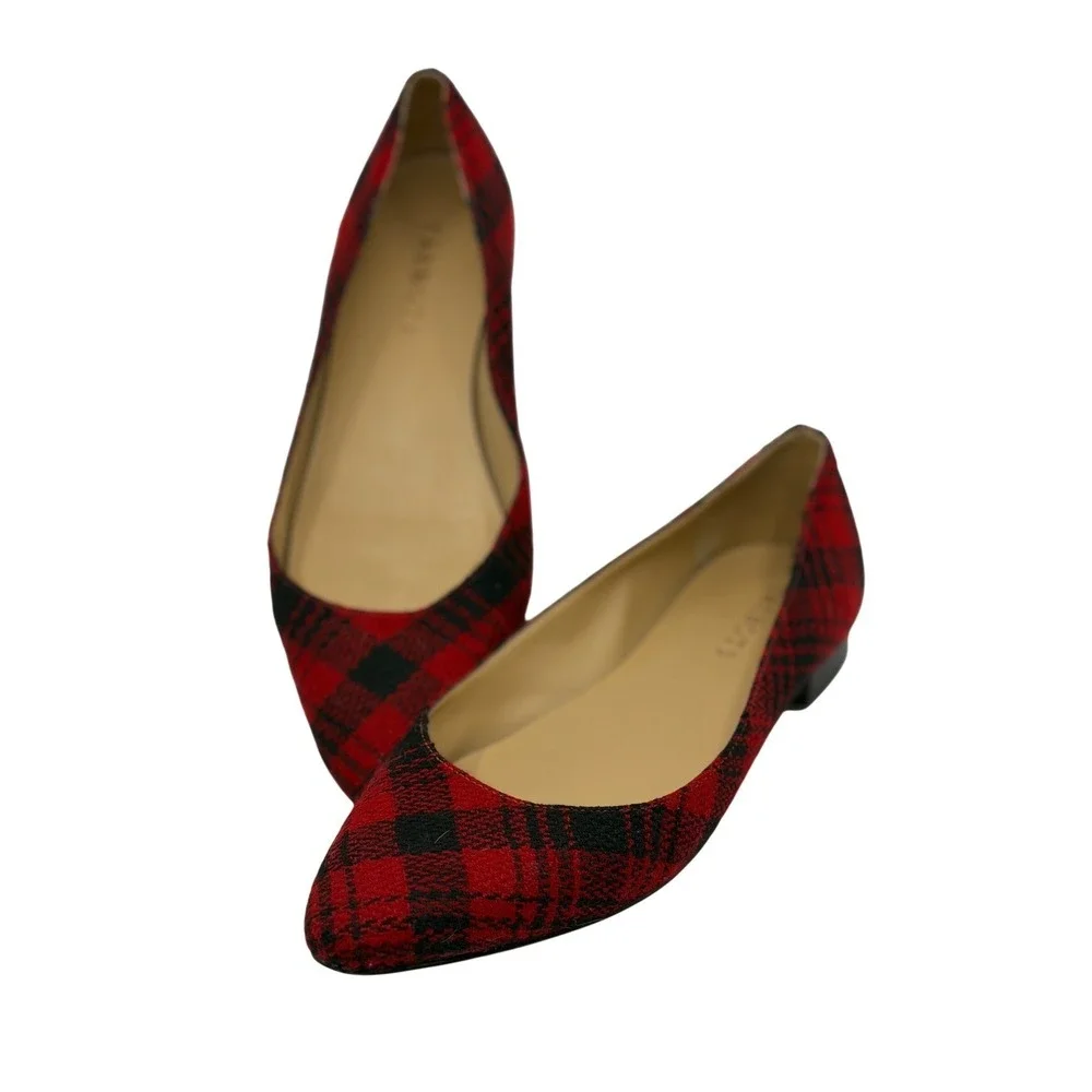 Talbots Womens Red Black Buffalo Plaid Pointed Toe Flats Shoes Size 8.5 W Brazil